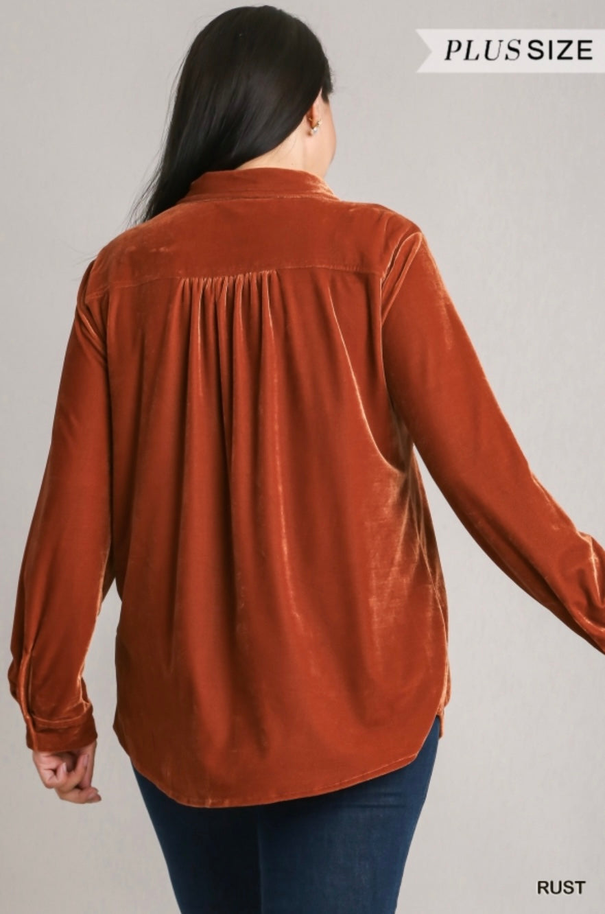 Pumpkin Spice Velvet Top | Long Sleeve Button Up Velvet Top