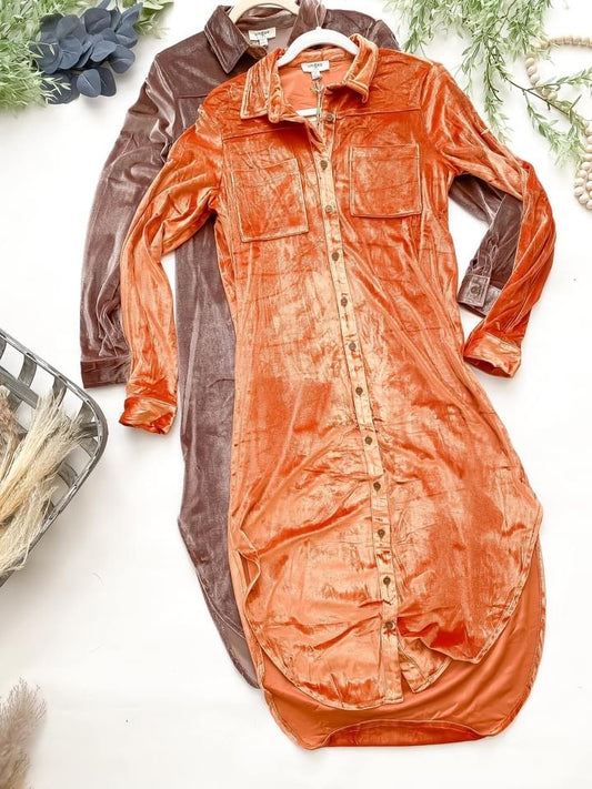She Wore Velvet Dress | Button Down Velvet Shirt Dress Duster