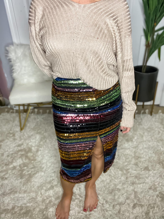 Stunning Sequined Skirt | Sequined Front Slit Party Skirt