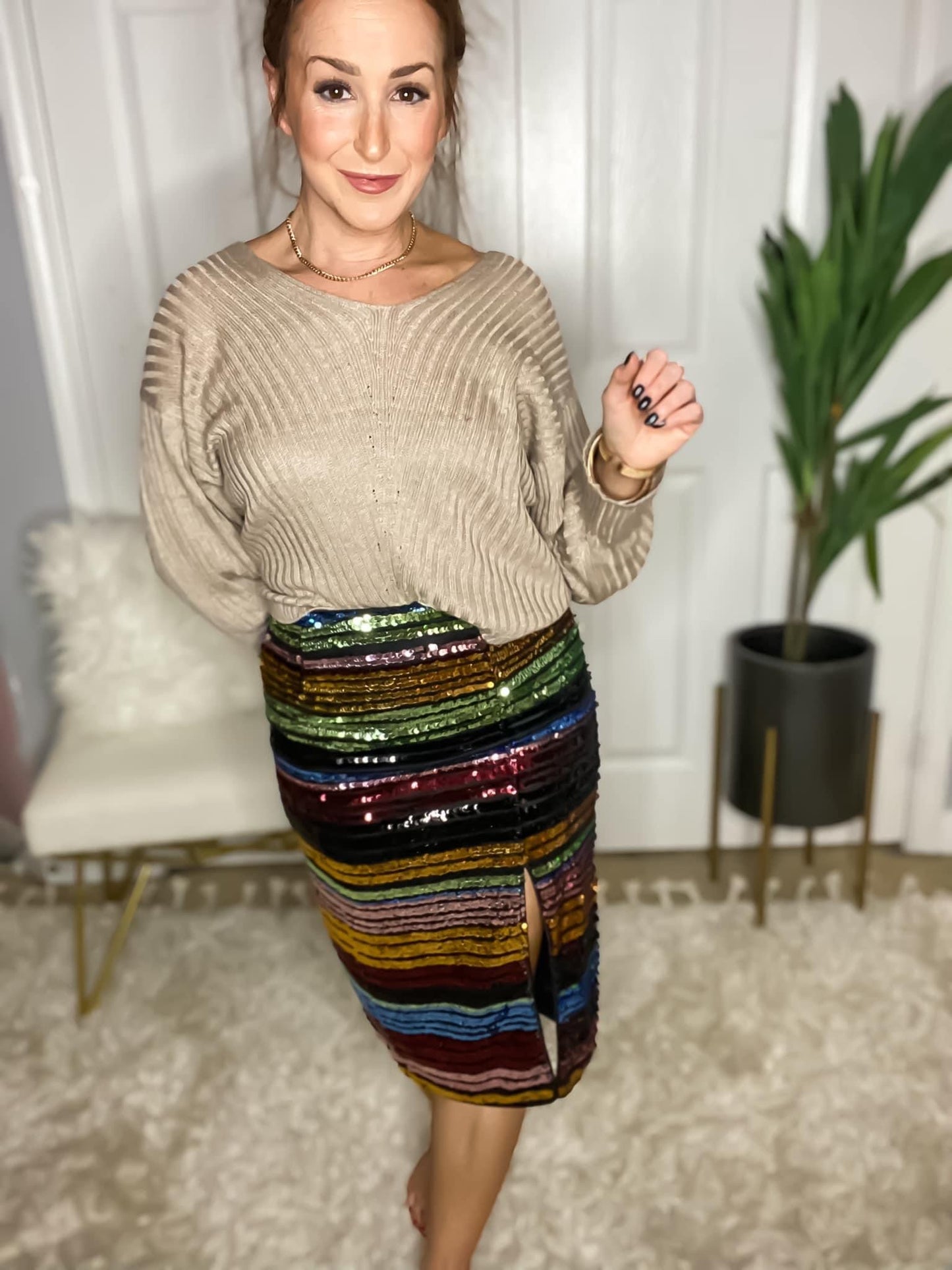 Stunning Sequined Skirt | Sequined Front Slit Party Skirt