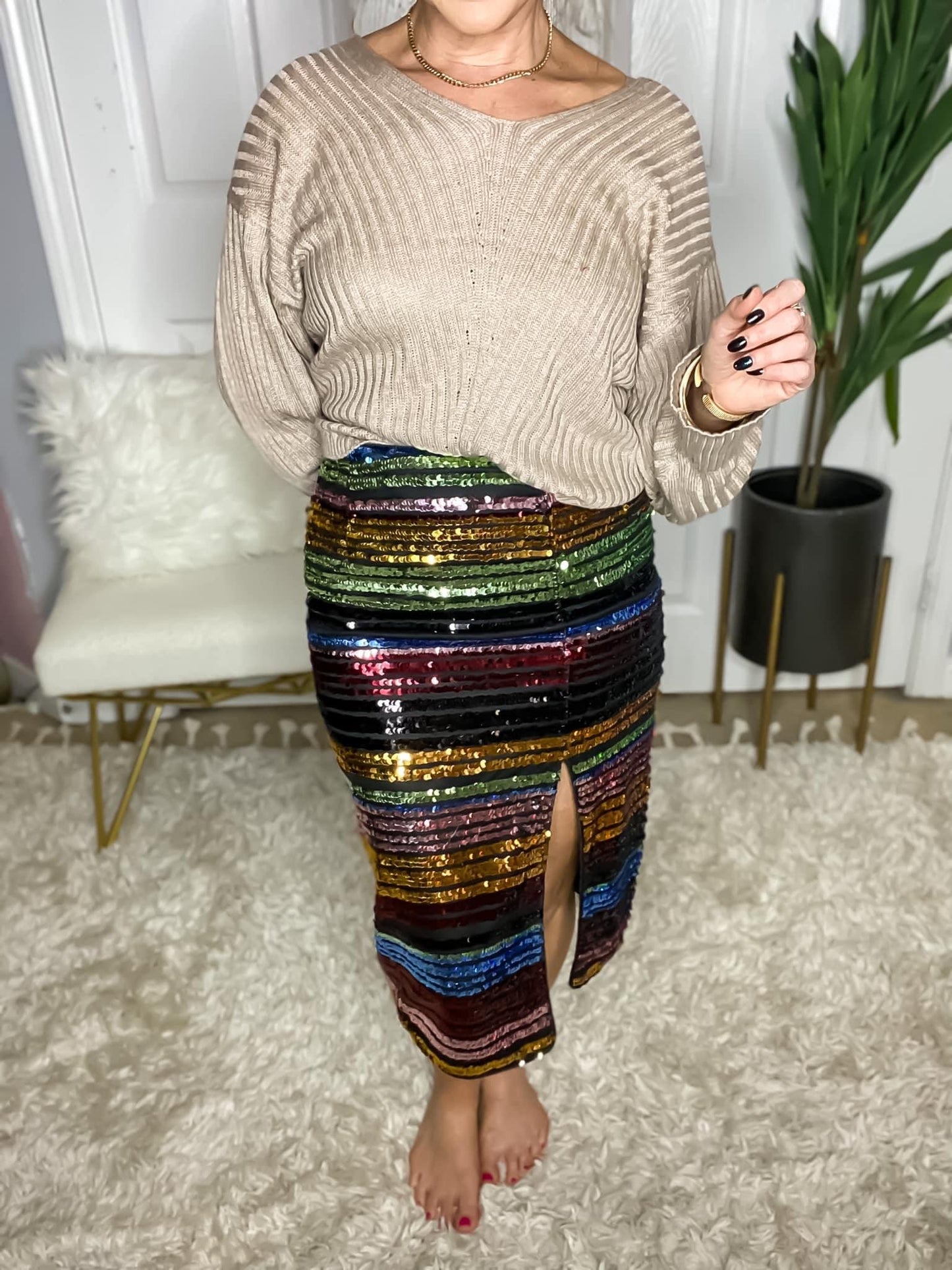 Stunning Sequined Skirt | Sequined Front Slit Party Skirt