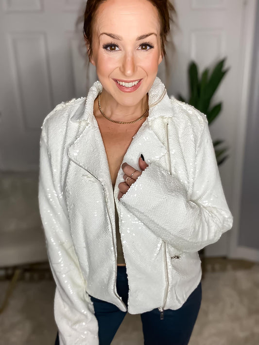 Style Update Sequin Jacket | White Sequin Moto Jacket