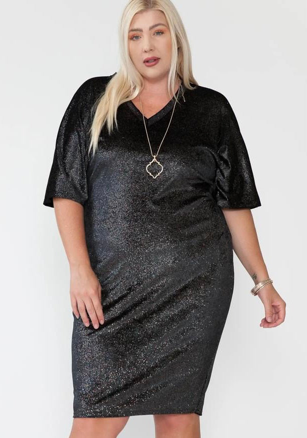 Velvet Shimmer Plus Dress | V-neck Short Sleeve Velvet Shimmer Dress