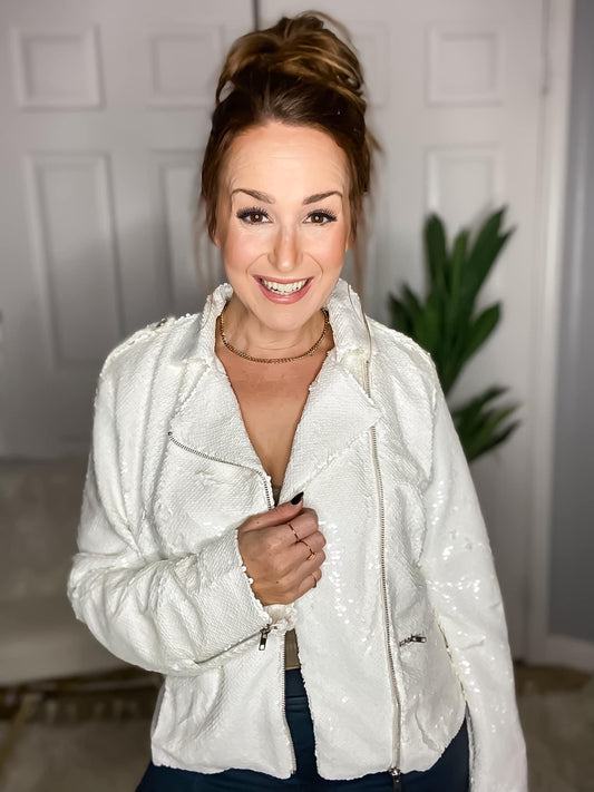 Style Update Sequin Moto Jacket | White Sequin Lined Moto Jacket