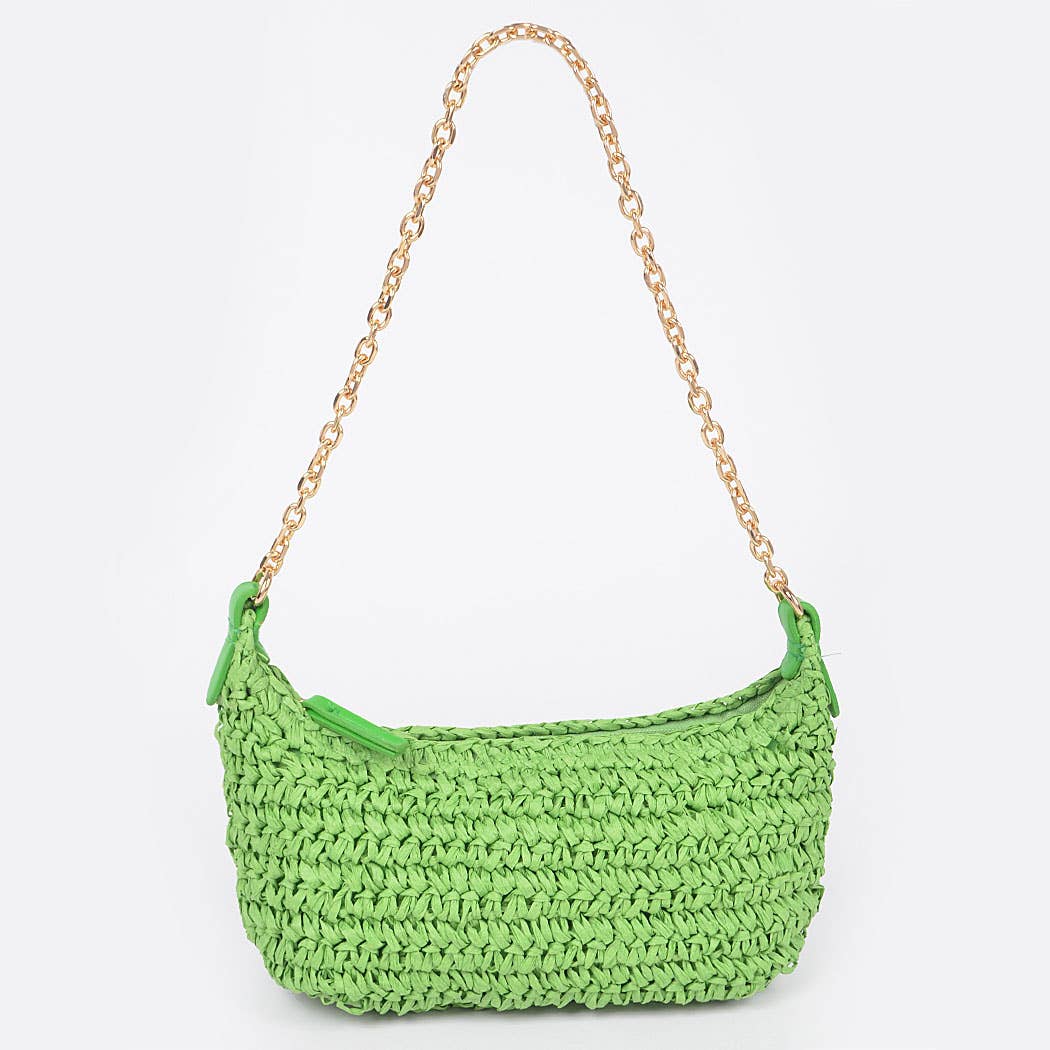 Faux Straw Bag with Gold Chain Shoulder Strap