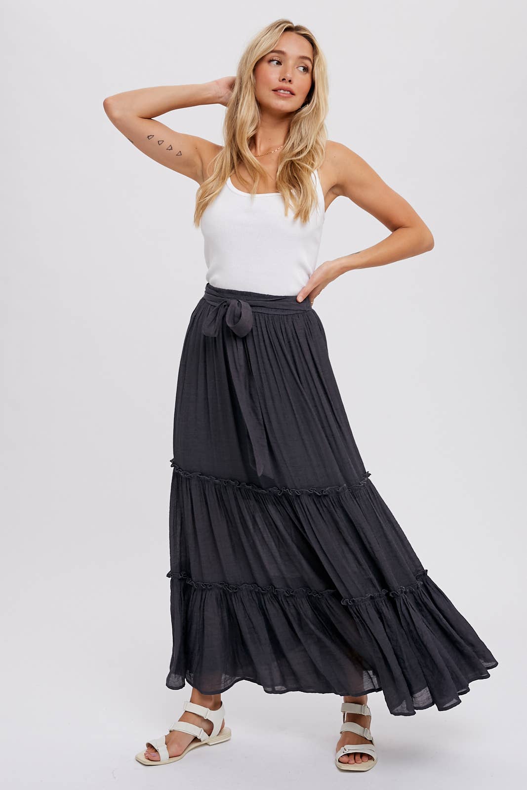 Tiered and True Maxi Skirt - Frill Detail with Self-Tie Waist