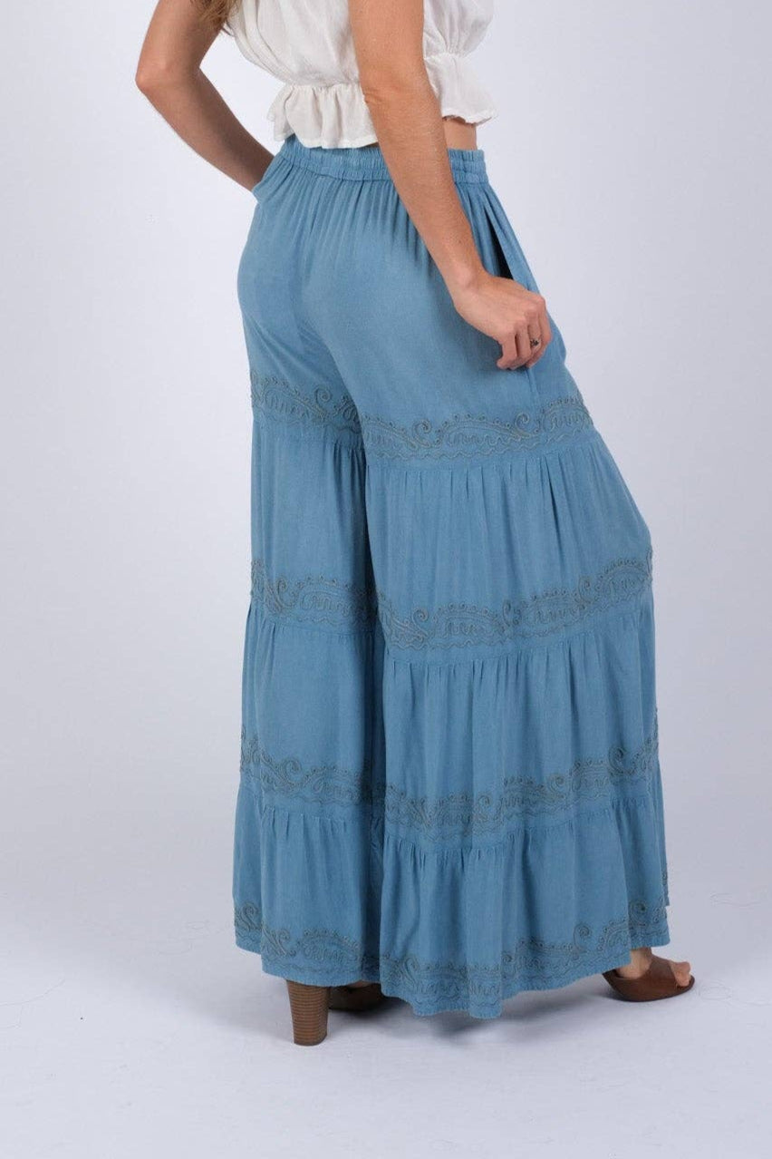 Embroidered Artisan Blue Palazzo Pants | Embroidered Tiered Blue Palazzo Pants