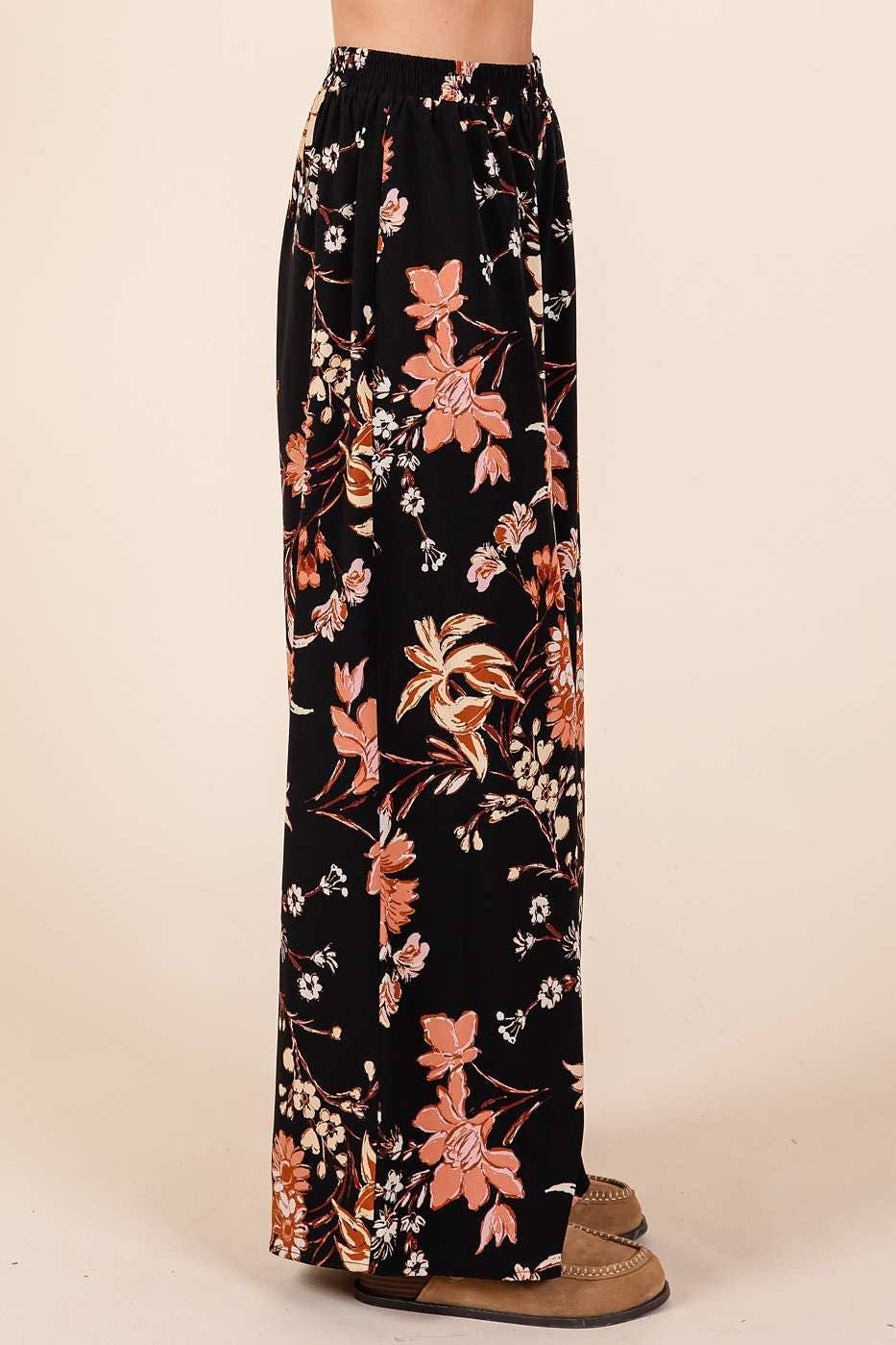 Autumn Stroll Pants / Flower Print Wide Leg Pants ELASTIC WAIST MID RISE WIDE LEG PANTS