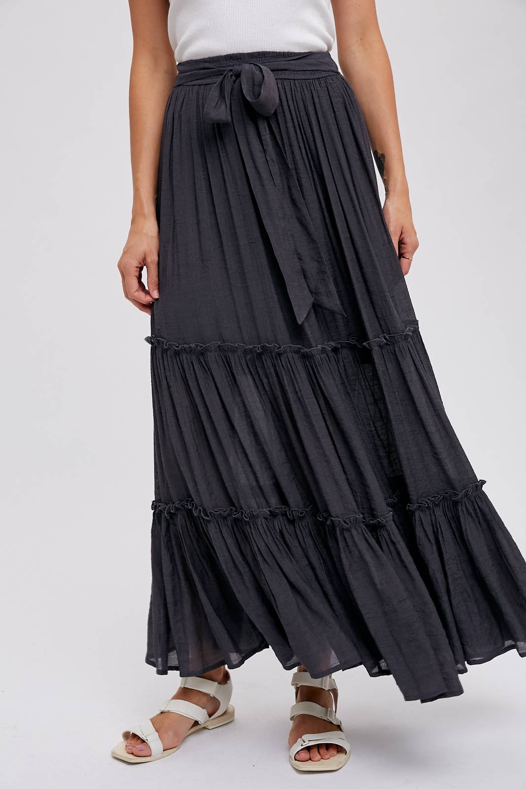 Tiered and True Maxi Skirt - Frill Detail with Self-Tie Waist