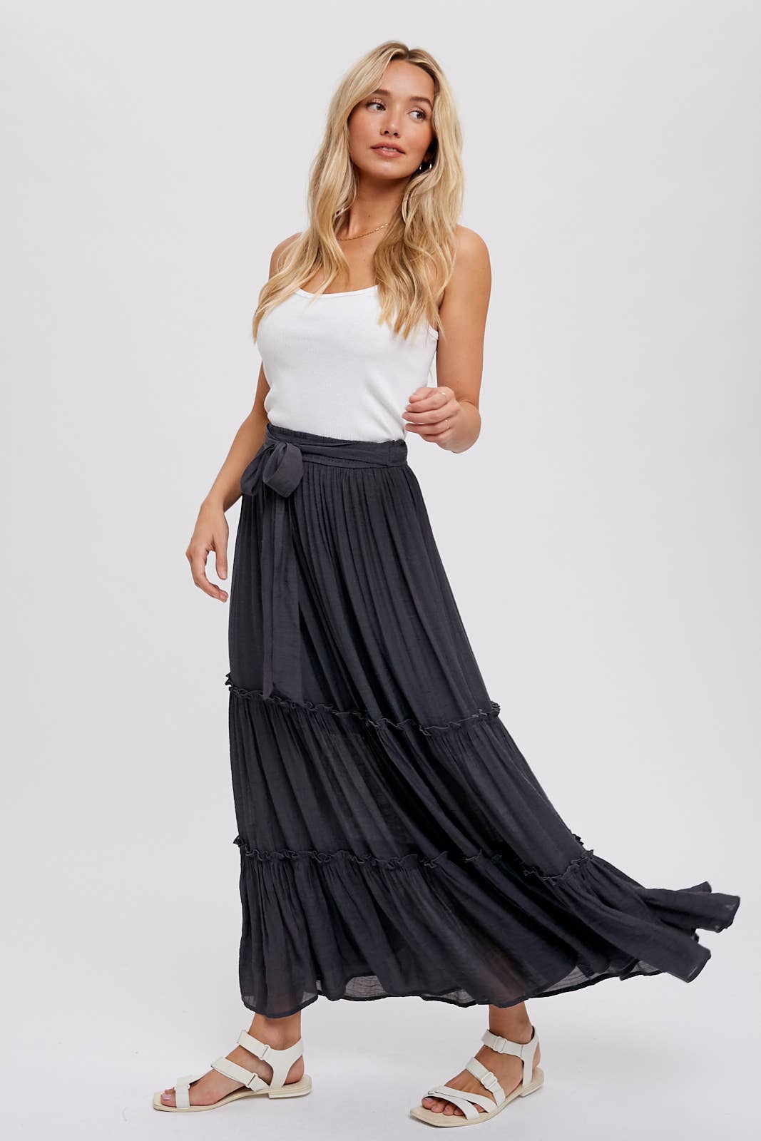 Tiered and True Maxi Skirt - Frill Detail with Self-Tie Waist