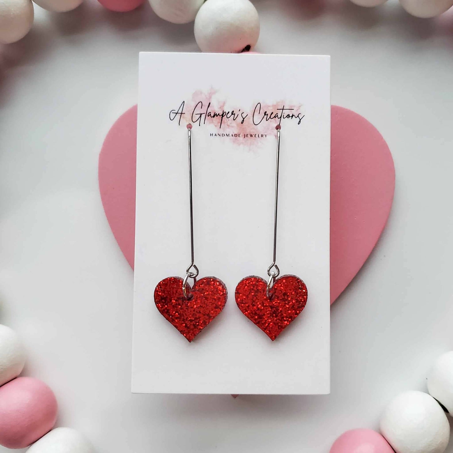 Glitter Heart Dangle Earrings | Red Glitter Heart Dangle Earrings