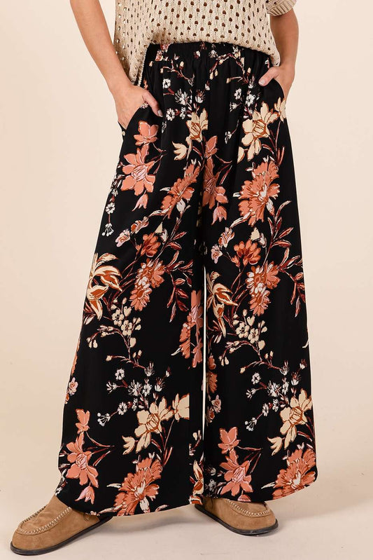 Autumn Stroll Pants / Flower Print Wide Leg Pants ELASTIC WAIST MID RISE WIDE LEG PANTS