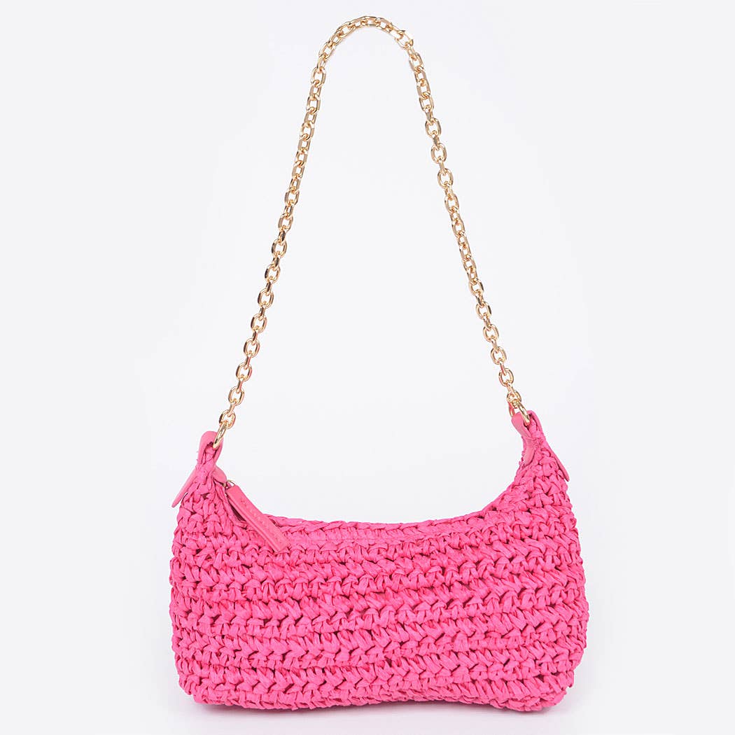 Faux Straw Bag with Gold Chain Shoulder Strap