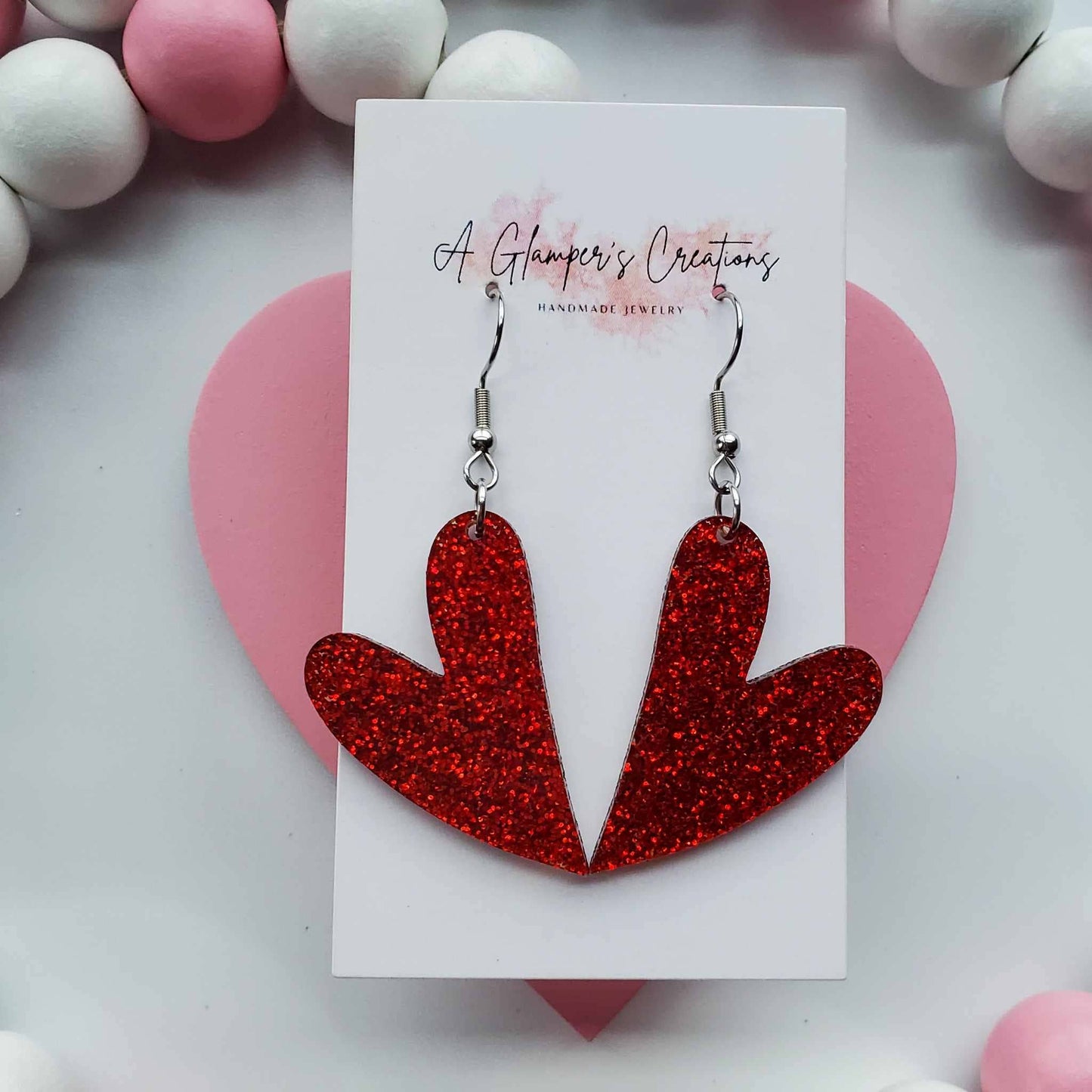 Whimsical Heart Acrylic Earrings | Red Glitter Heart Acrylic Earrings