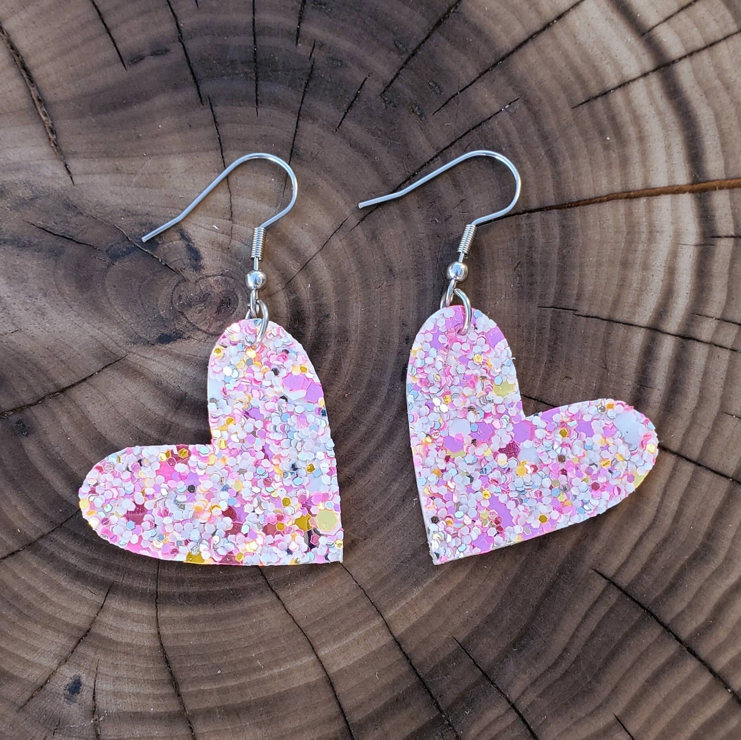 Pink Heart Leather Earrings | Pink Glitter Mix Heart Earrings