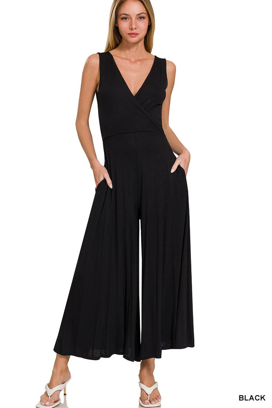 Play Date Cropped Jumpsuit - Surplice Neckline Sleeveless Jumpsuit by Zenana