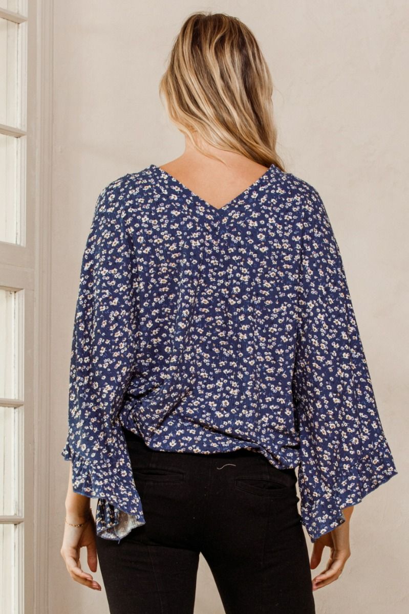 Dreaming in Denim Blue Top - Floral Double V-Neck with Ruffled Bell Sleeves