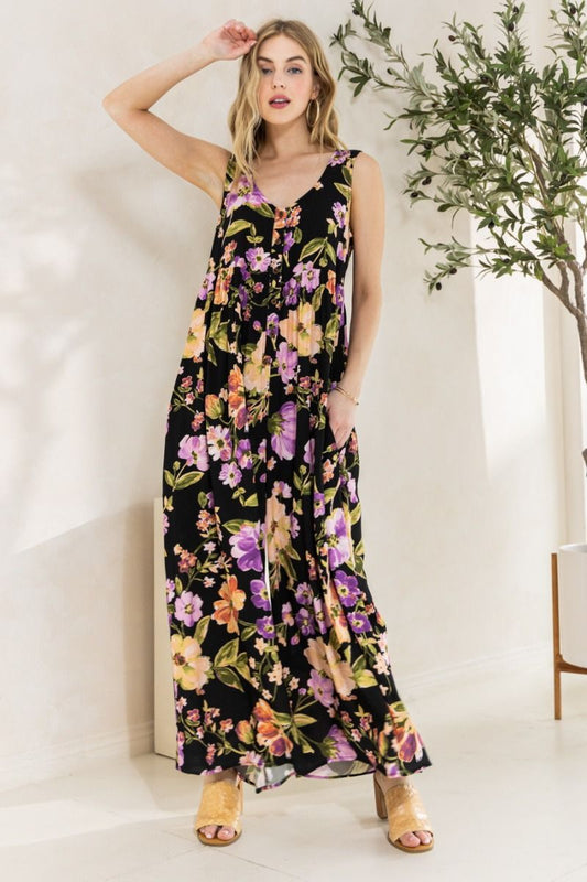 Garden Party Jumpsuit - Floral Sleeveless Jumpsuit with Wide Legs