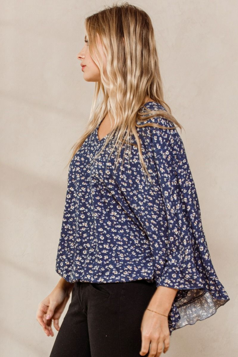 Dreaming in Denim Blue Top - Floral Double V-Neck with Ruffled Bell Sleeves