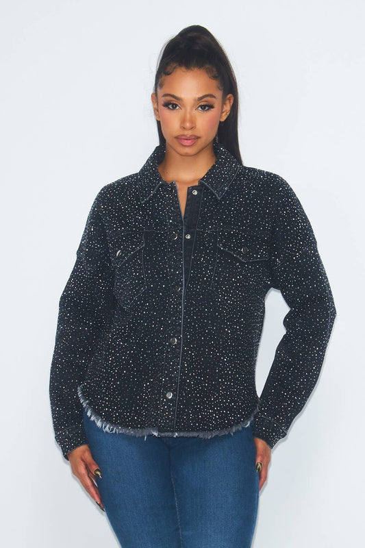 Shania Rhinestone Frayed Black Denim Shacket