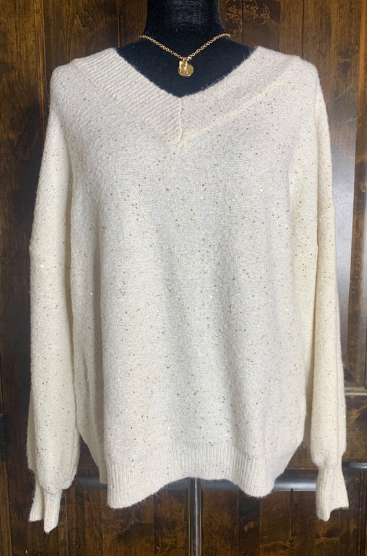 All That Glitters Ivory Sweater | Long Sleeve Double V Neckline Sweater