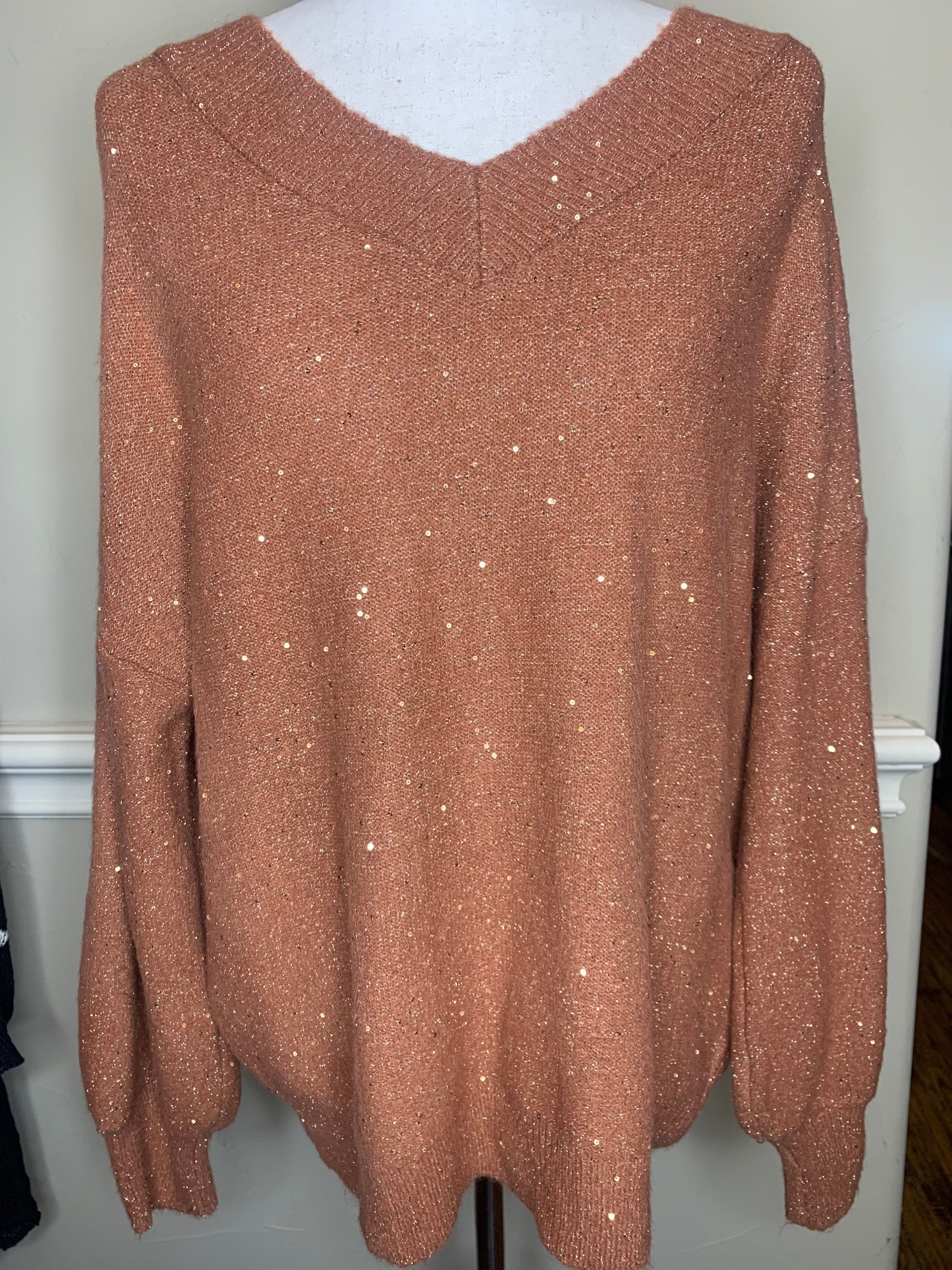 All That Glitters Salmon Sweater | Long Sleeve Double V Neckline Glitter Sweater
