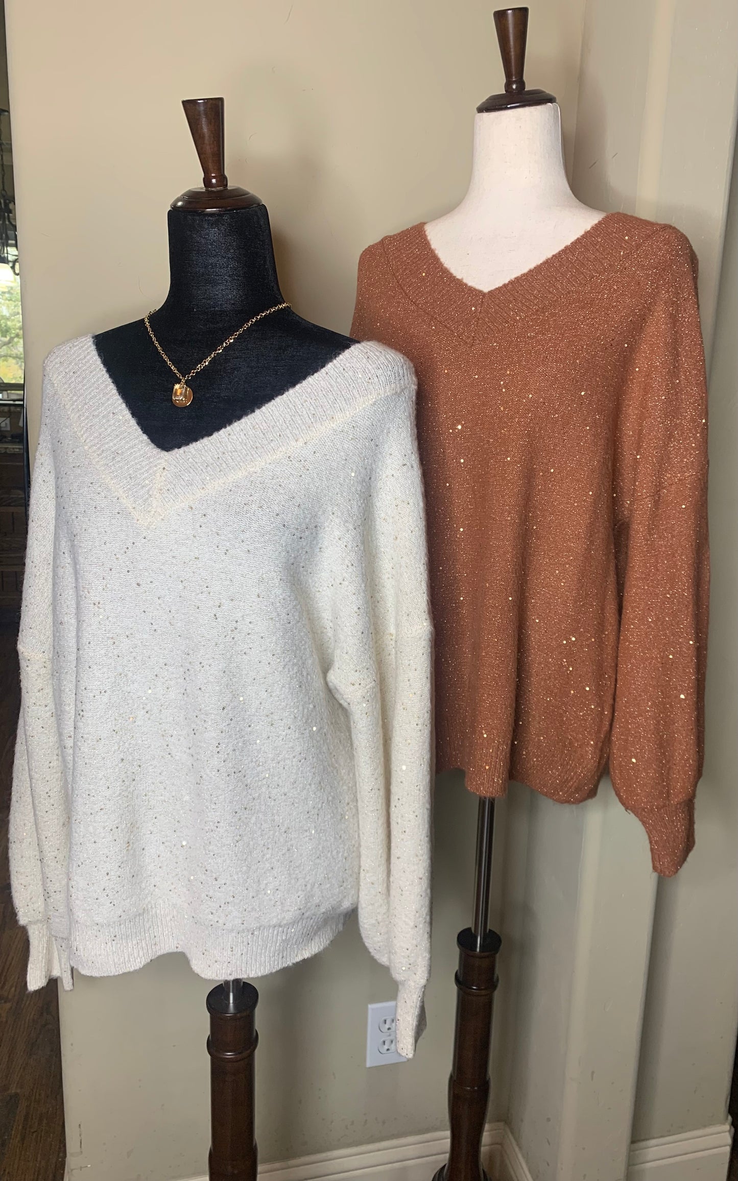 All That Glitters Salmon Sweater | Long Sleeve Double V Neckline Sweater