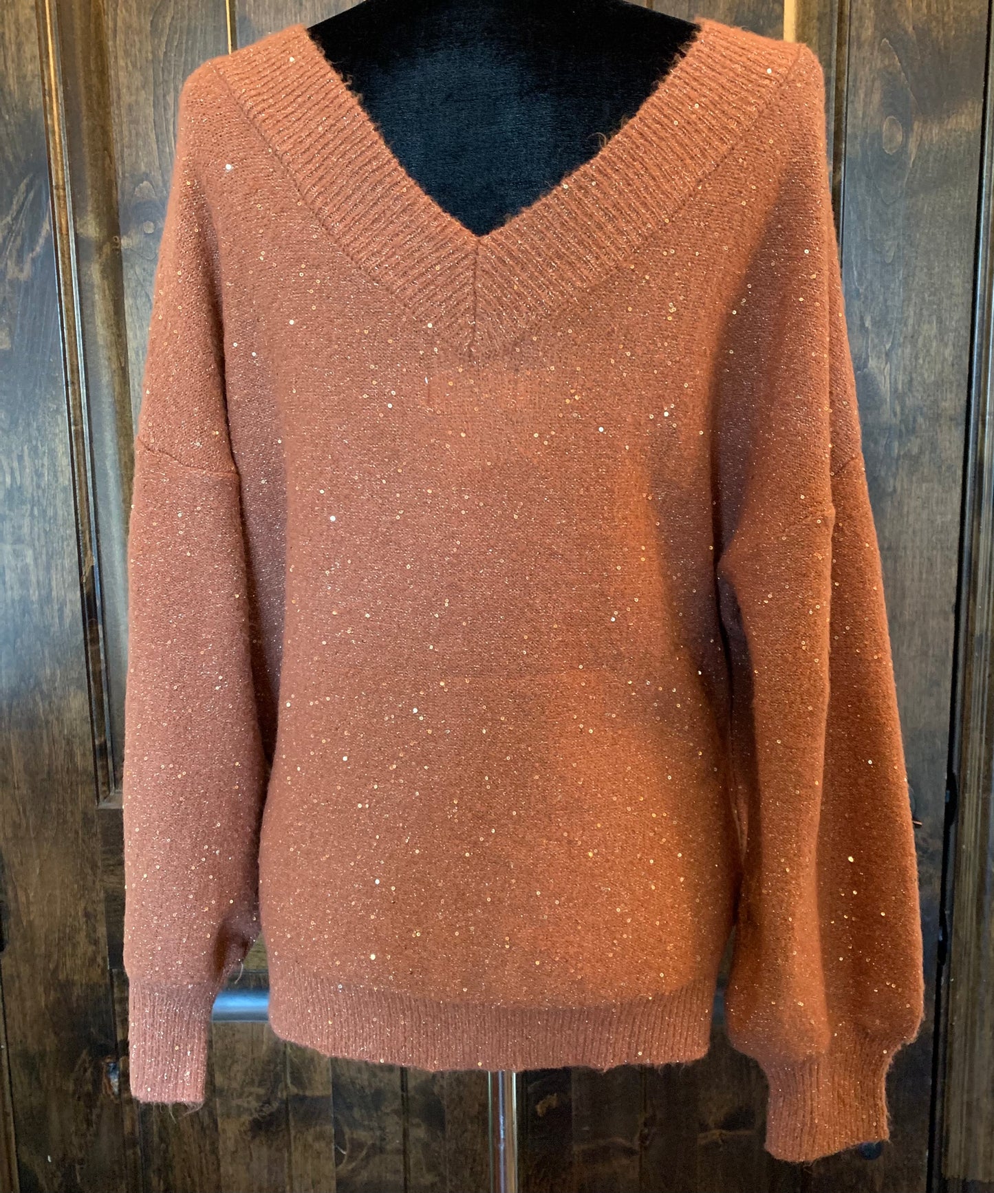 All That Glitters Salmon Sweater | Long Sleeve Double V Neckline Sweater