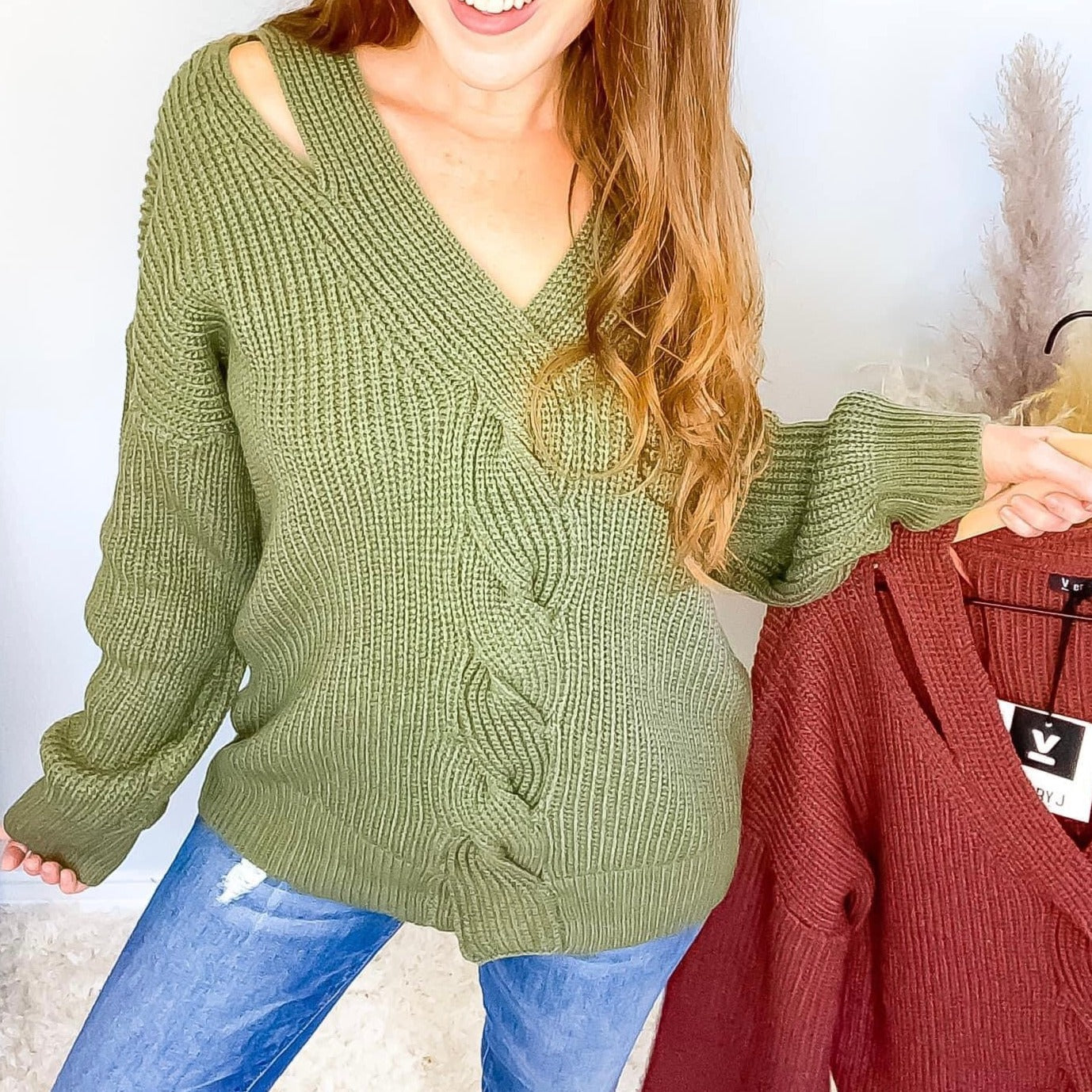 Autumn Leaves Sweater | Soft Braided Front Olive Sweater