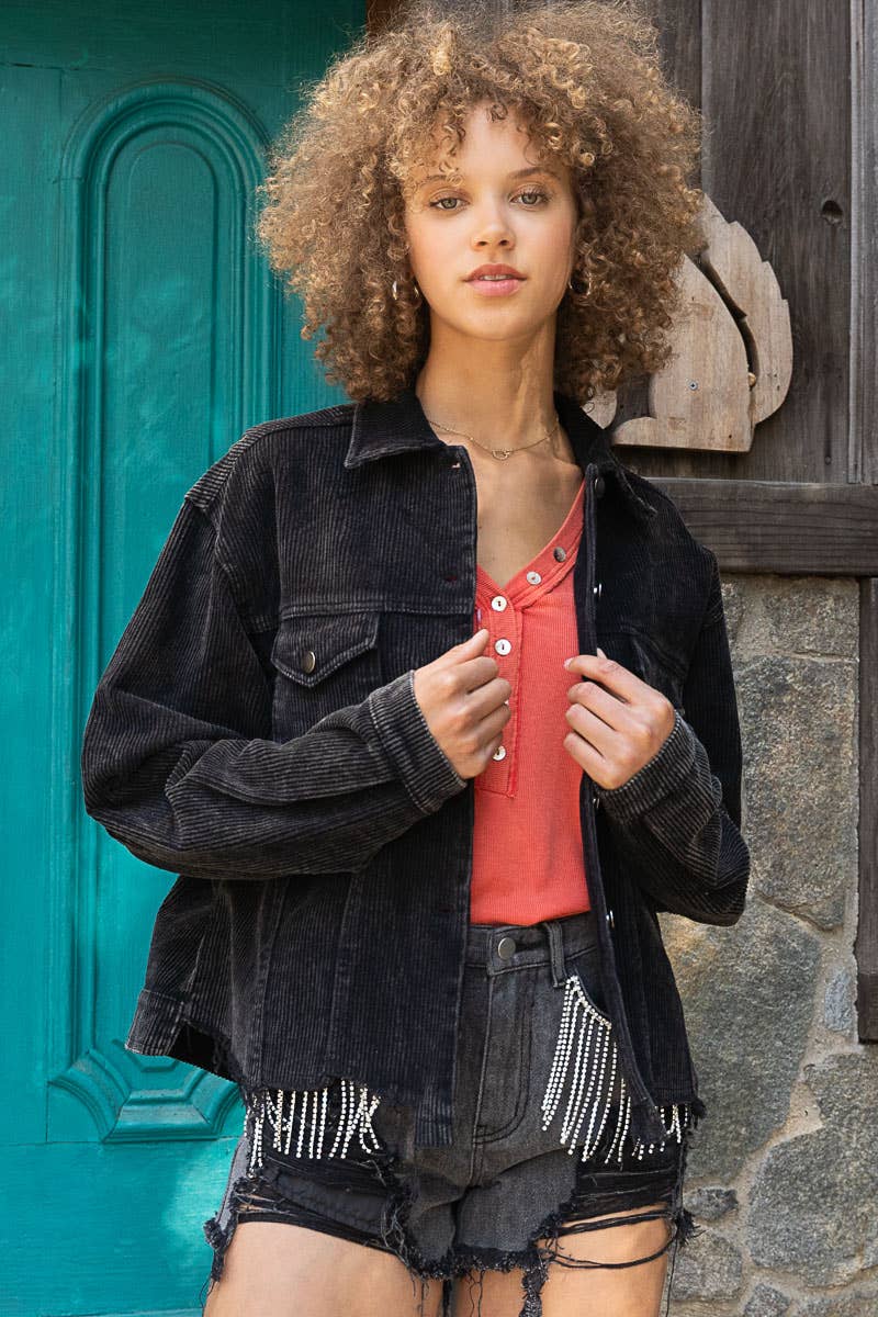 Believe in Love Jacket | Black Mineral Washed Corduroy Jacket 