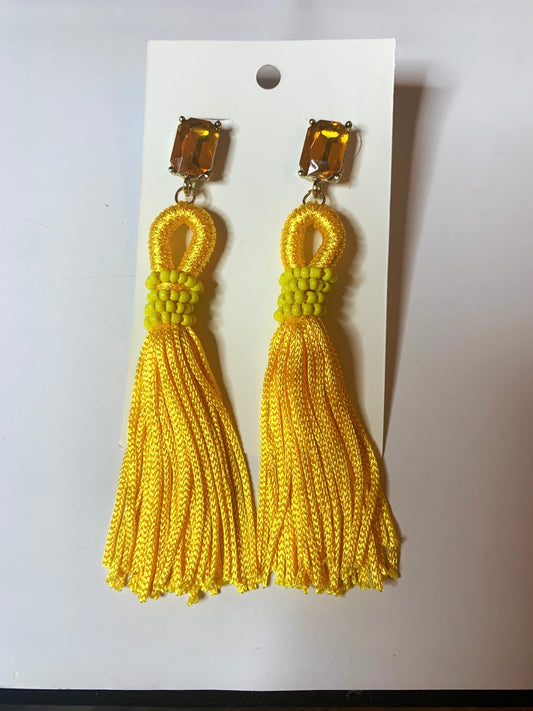 Bright Yellow Tassel Earrings | Yellow Tassel Rhinestone Dangle Earrings