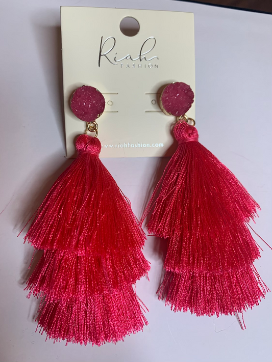 Fuchsia Drusy Tassel Earrings | Fuchsia Tassel Drop Earrings
