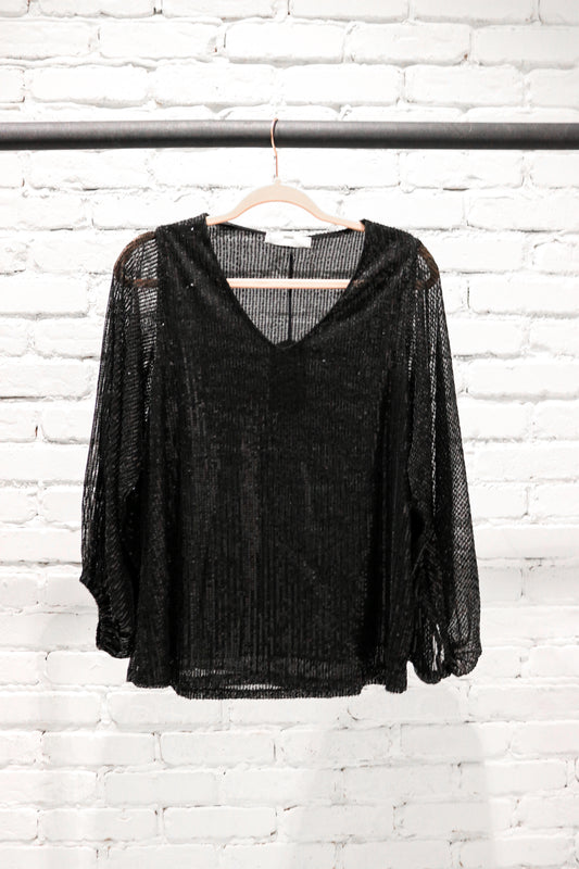 Here for the Party Sequined Top | Black Sequined Scoop Neck Top