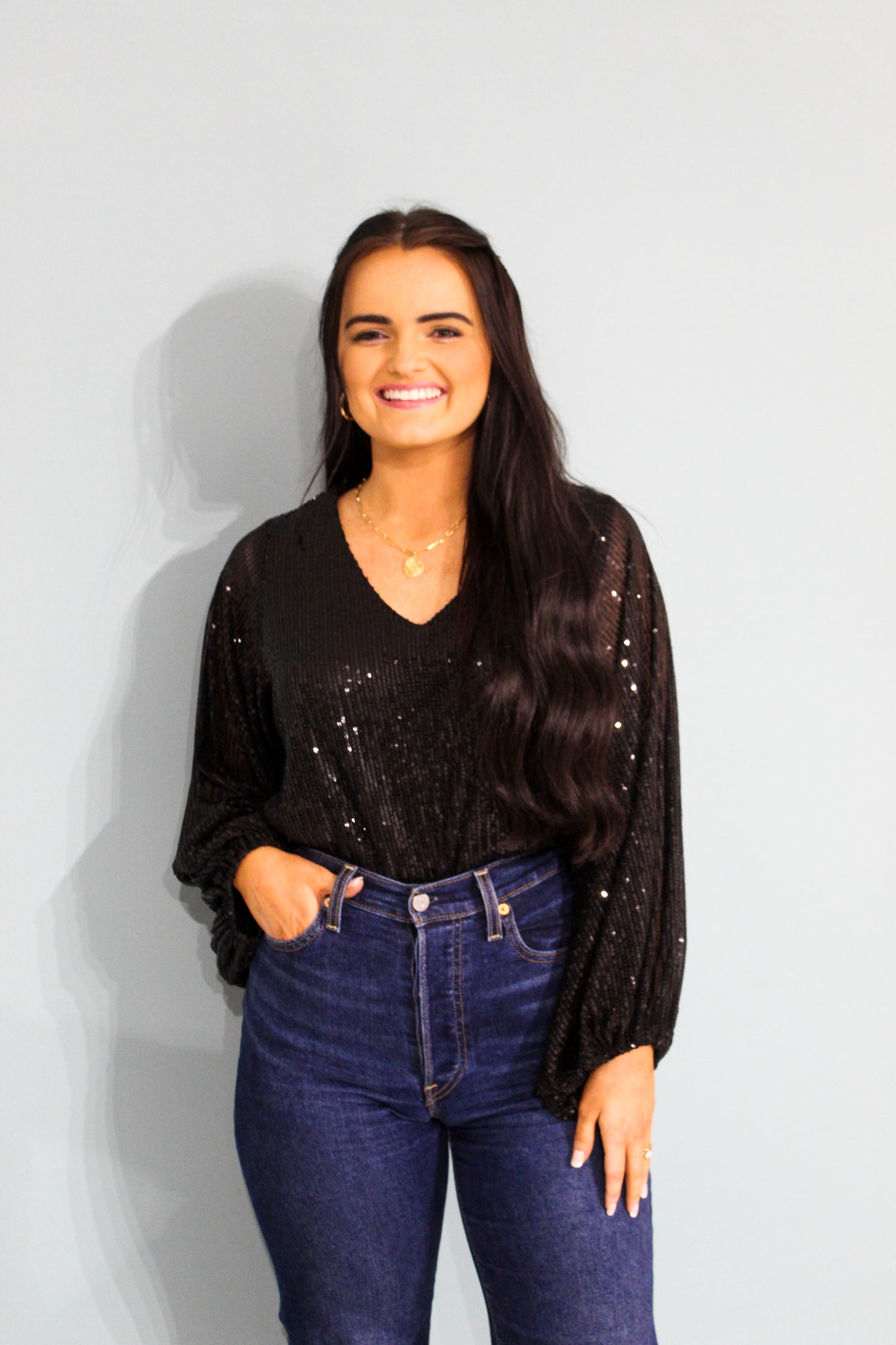 Here for the Party Sequined Top | Black Sequined Scoop Neck Top