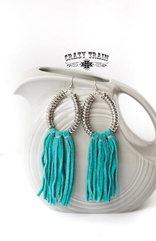 Turquoise Leather Tassel Earrings