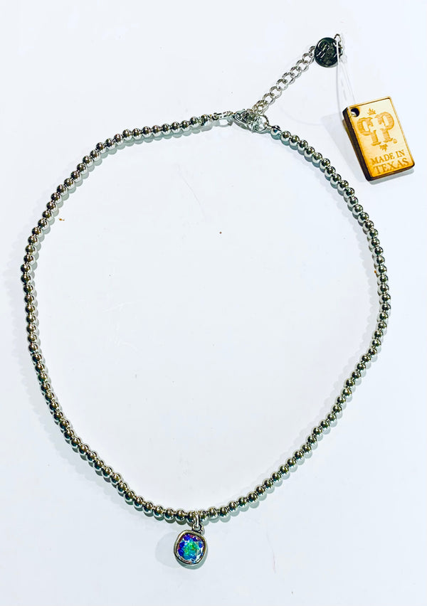 Silver Bead Choker w/Multi-Colored Drop Necklace