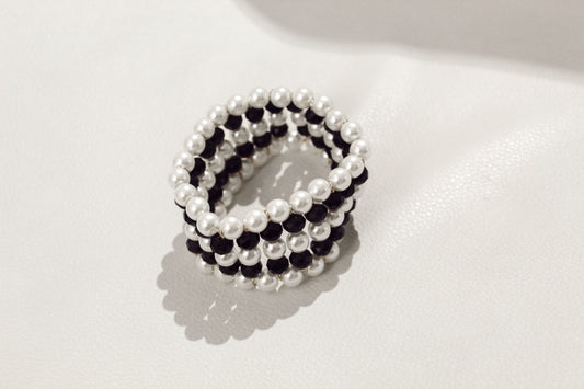 Pearl Beaded Stretch Bracelet | Black Bead Pearl Stretch Bracelet Set