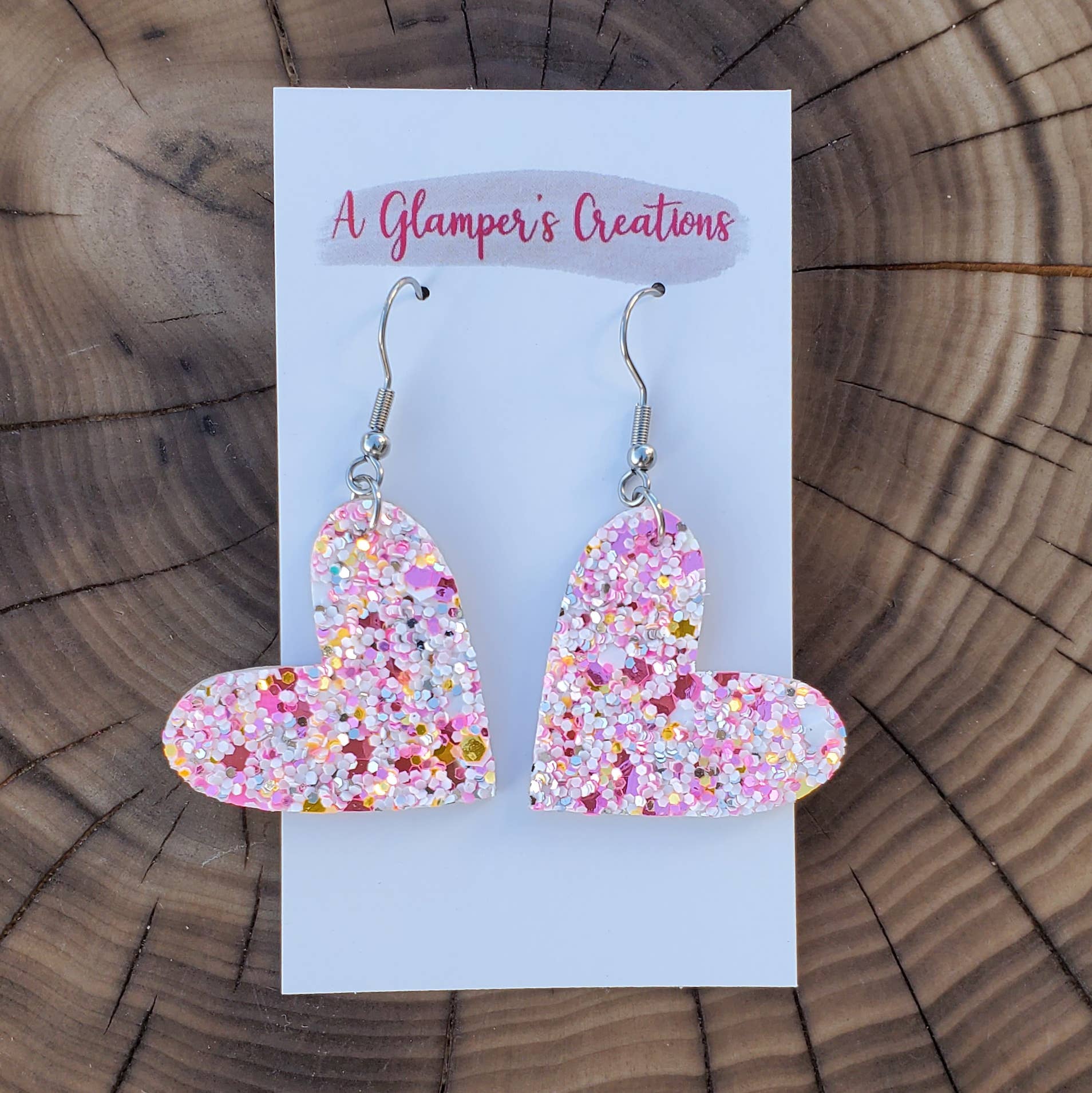 Pink Heart Leather Earrings | Pink Glitter Mix Heart Earrings