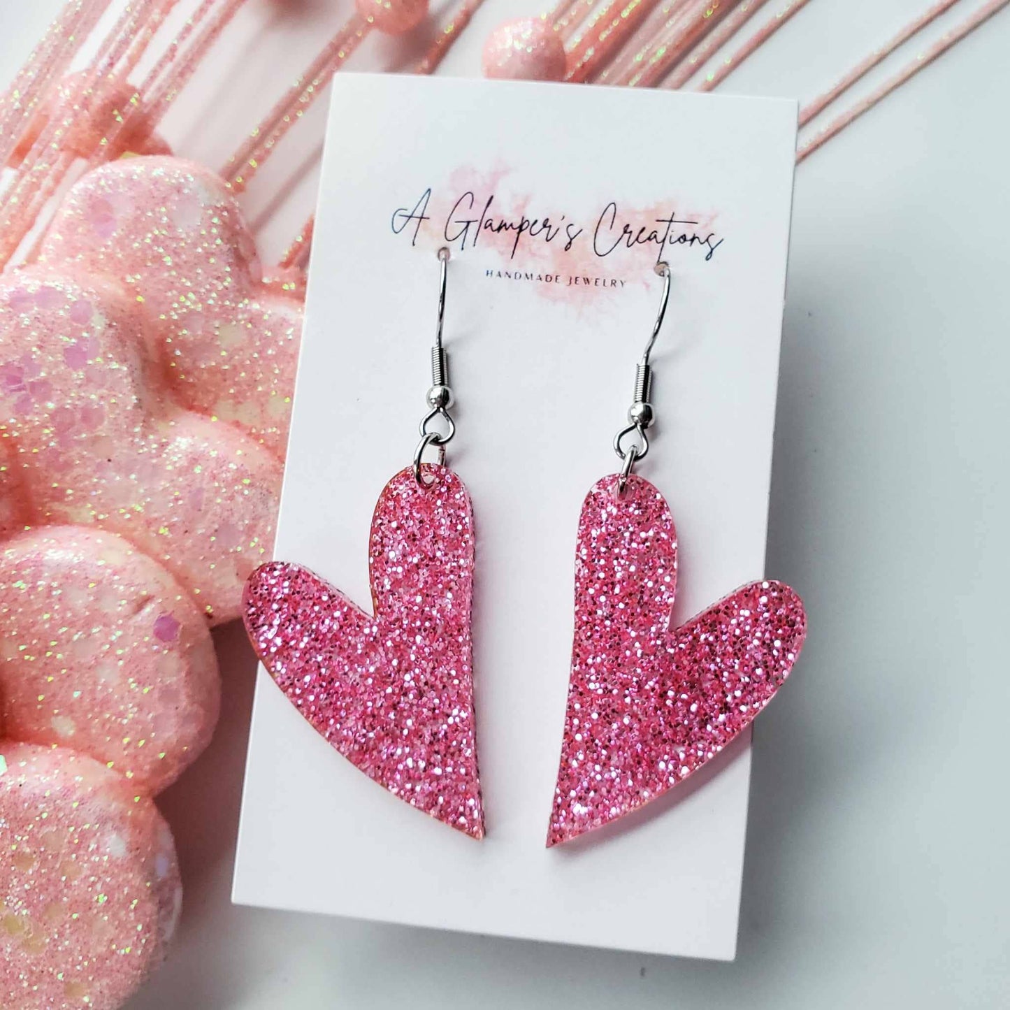 Pink Whimsical Heart Earrings | Glitter Valentines Day Earrings