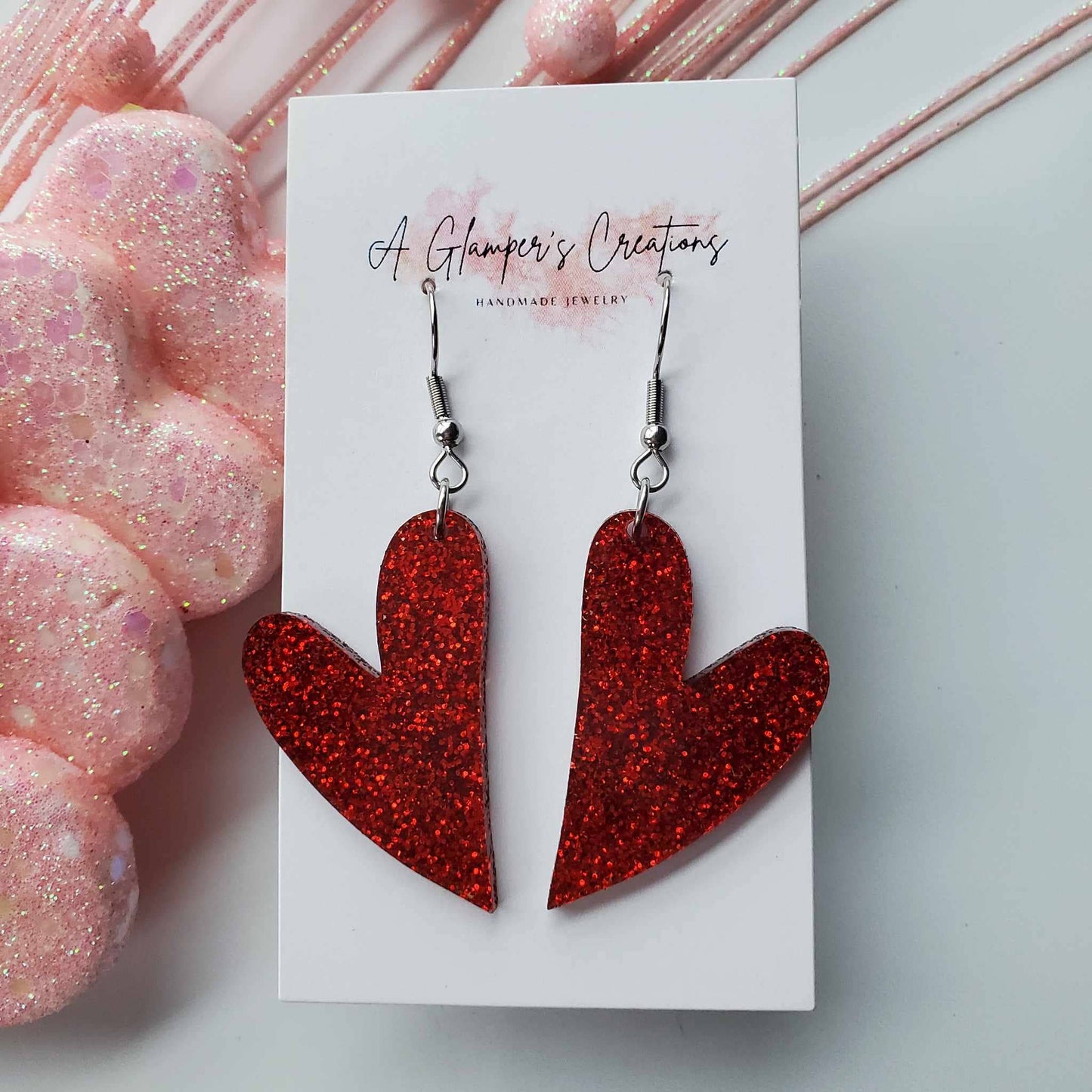Whimsical Heart Acrylic Earrings | Red Glitter Heart Acrylic Earrings