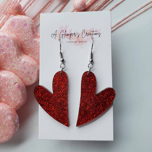 Whimsical Heart Acrylic Earrings | Red Glitter Heart Acrylic Earrings