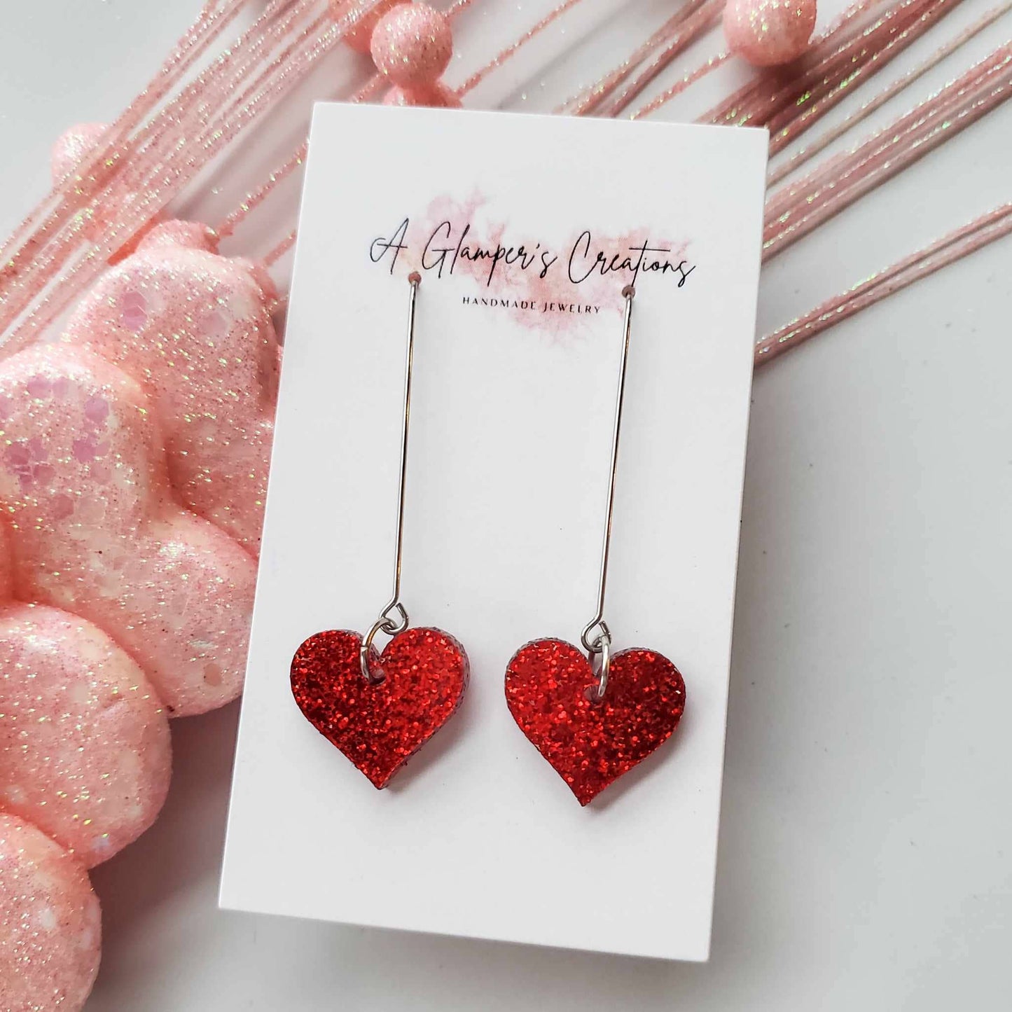 Glitter Heart Dangle Earrings | Red Glitter Heart Dangle Earrings