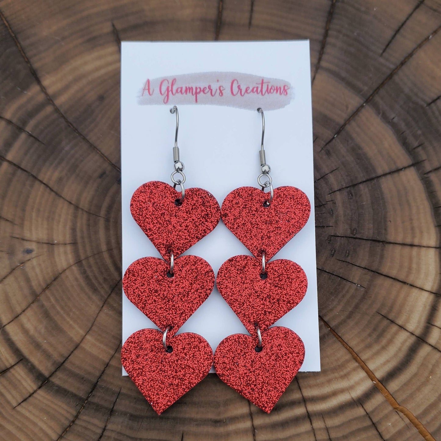Heart Dangle Leather Earrings | Red Glitter Heart Dangle Leather Earrings
