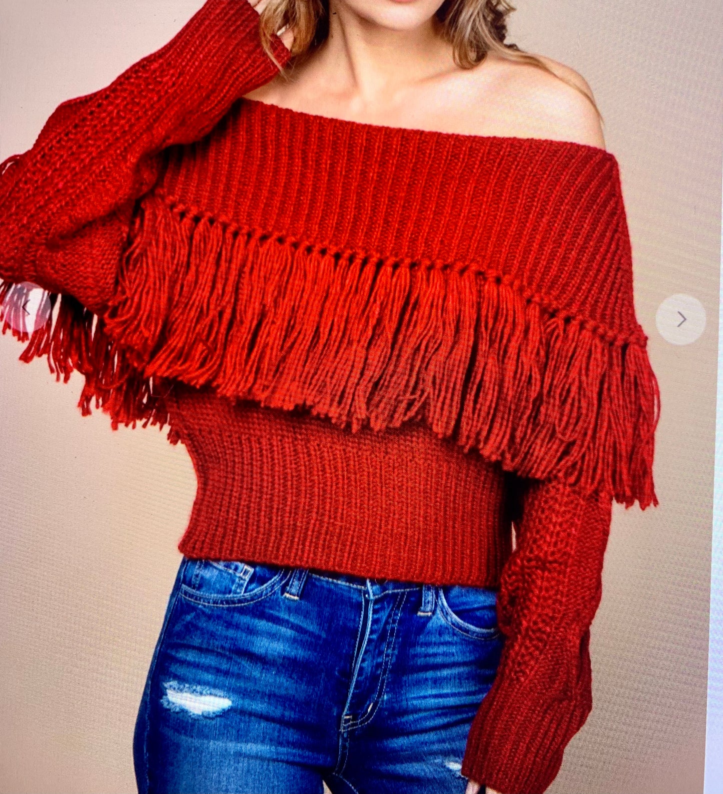 Red! Hot! Fringe Sweater | Red Fringe off Shoulder Sweater