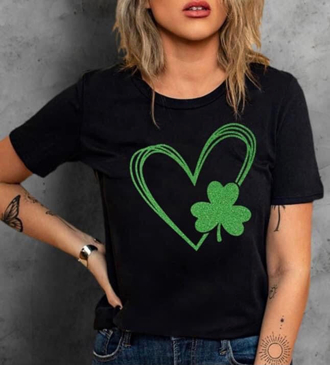 Shamrock Sparkle Tee | Black Glitter Shamrock Heart Tee