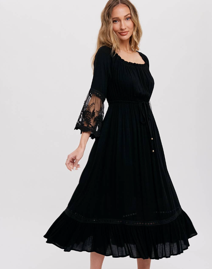 Waiting For You Black Dress | Lace Trim Bell Sleeve Midi Black Dress