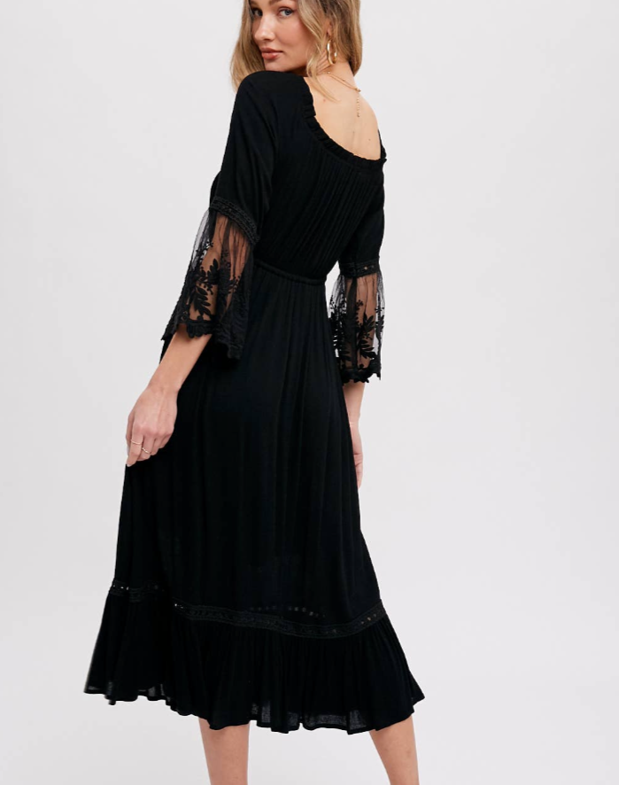 Waiting For You Black Dress | Lace Trim Bell Sleeve Midi Black Dress