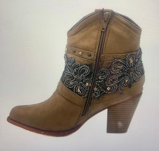 Wild West Faux Suede Western Bootie | Taupe Western Inspired Bling Bootie