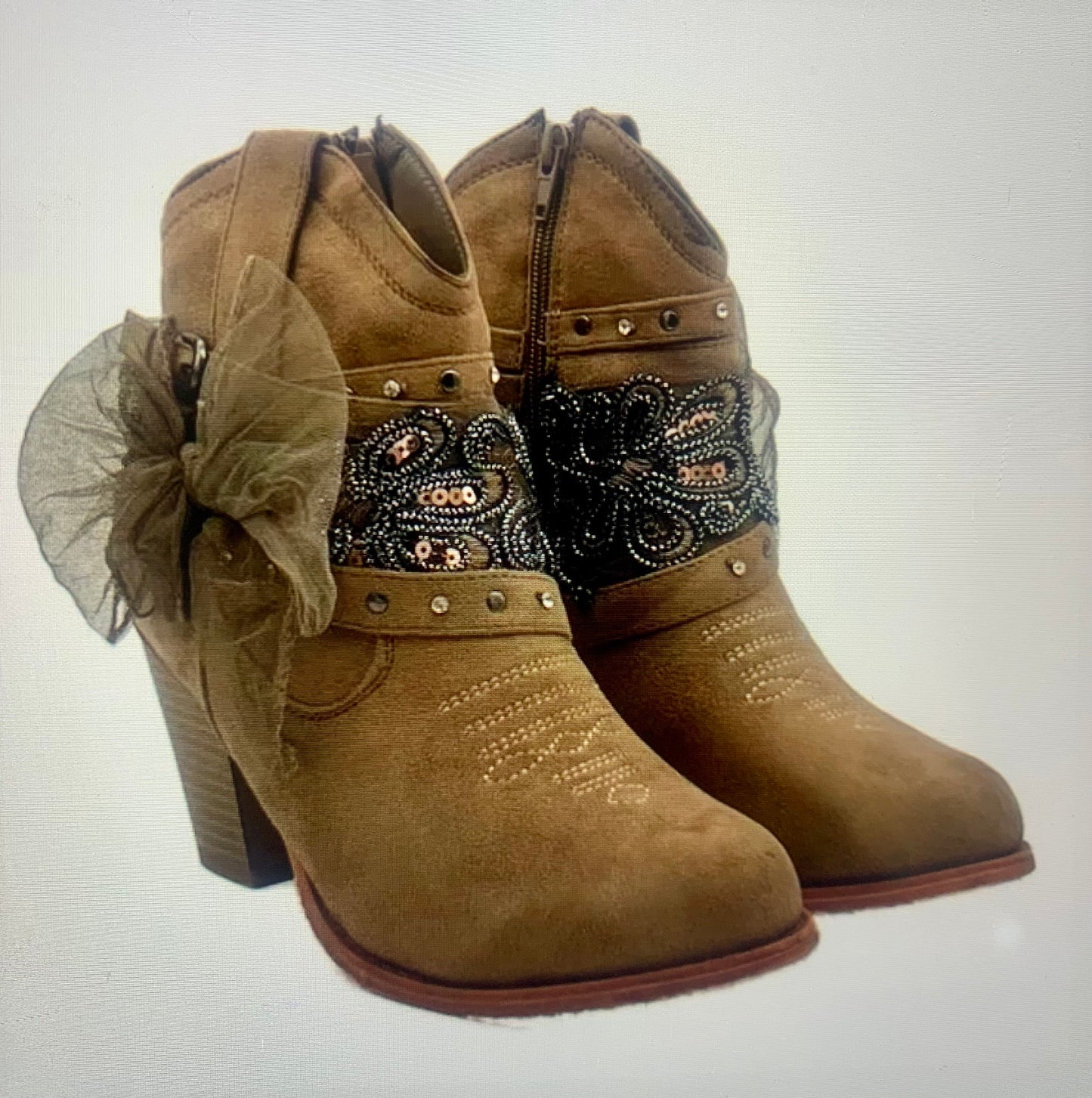 Wild West Faux Suede Western Bootie | Taupe Western Inspired Bling Bootie