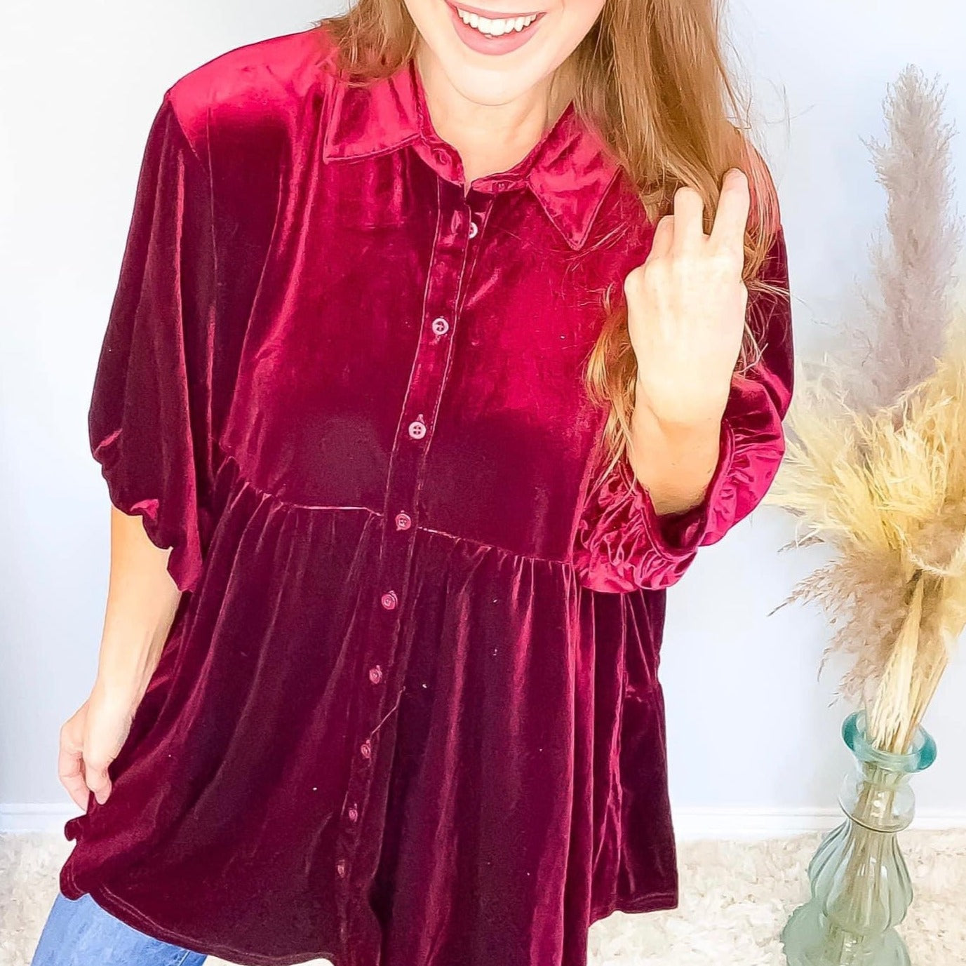 Wine Not Velvet Top | Button Down Velvet Top